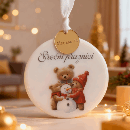 Novogodišnji ukras Srećni praznici sa medvedićima i zlatnim privezakom